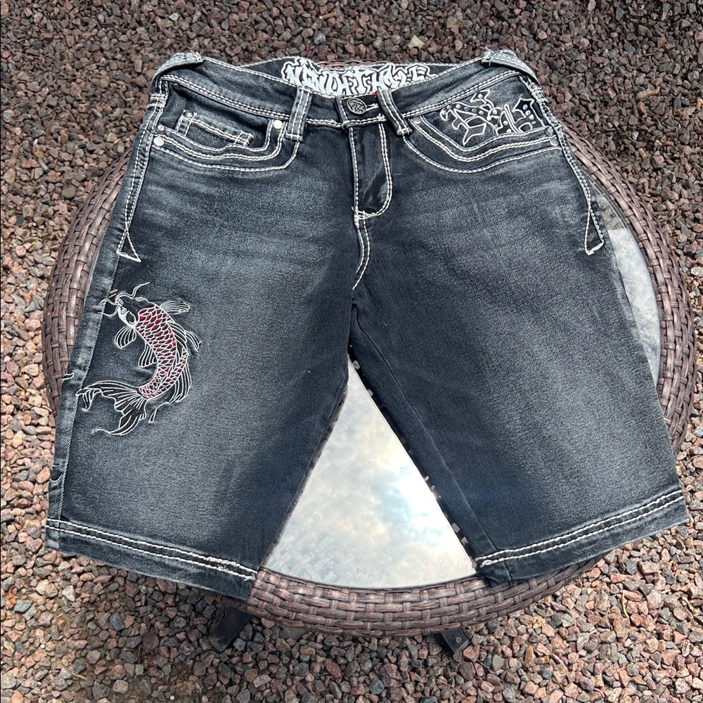 Men's Black Washed Jean Shorts with Embroidered Koi
